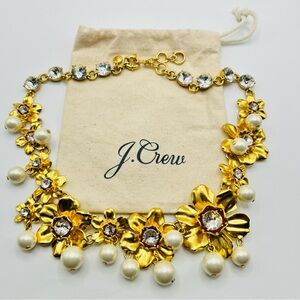 J. Crew Gold tone Rhinestone and Pearl Floral Statement Necklace